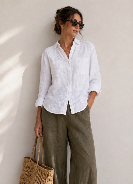 Magaschoni Tops - Magashoni 100% Organic Cotton Oversized Roll Tab Button Up Blouse XL White